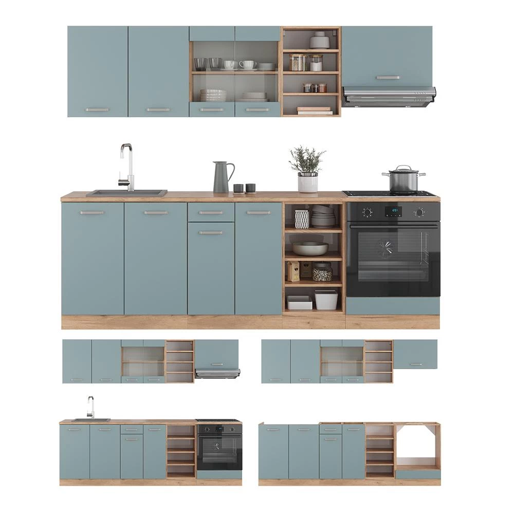 Complete keukeneenheid R-Line Blauw-grijs/gouden eik 240 cm , WB Antraciet Vicco