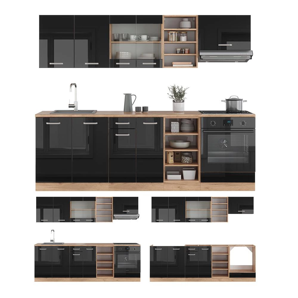 Complete keukeneenheid R-Line Eiken hoogglans zwart/goud 240 cm , WB Marmer Vicco