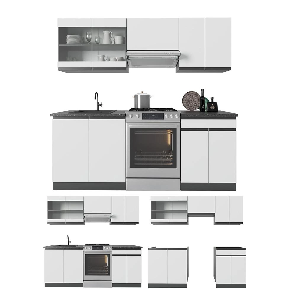 Complete keukeneenheid R-Line Wit/antraciet 200 cm  J-Shape, WB Marmer Vicco