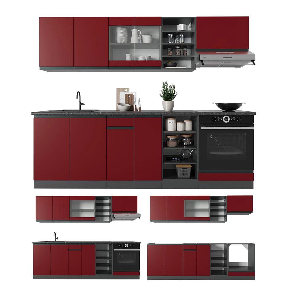 Complete keukeneenheid R-Line Rood/antraciet 240 cm  J-Shape, WB Antraciet Vicco