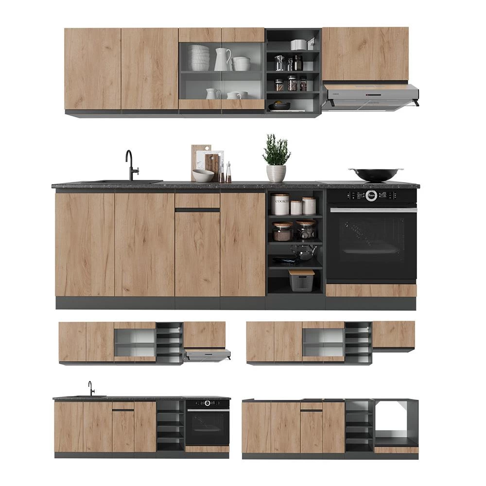 Complete keukeneenheid R-Line Eik goud/antraciet 240 cm  J-Shape, WB Marmer Vicco