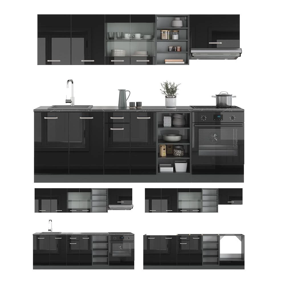 Complete keukeneenheid R-Line Hoogglans zwart/antraciet 240 cm , WB Eik Vicco