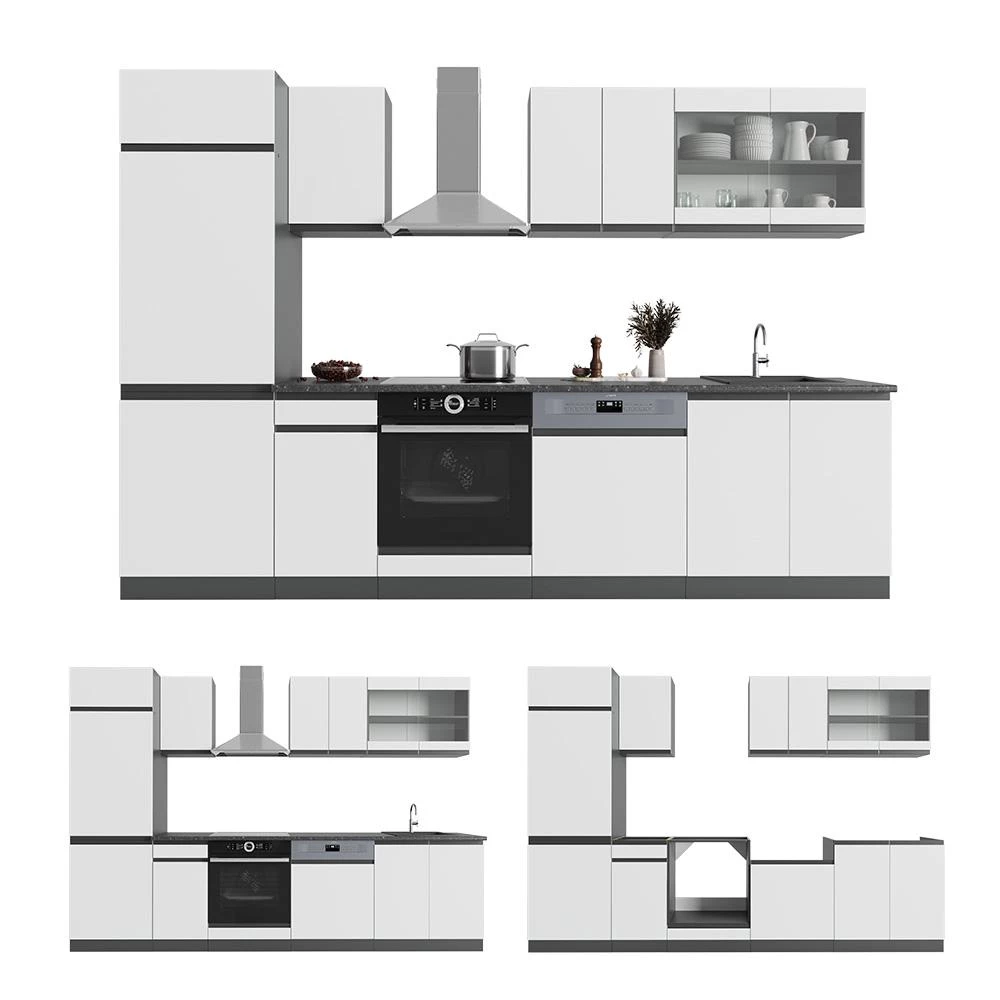Complete keukeneenheid R-Line Wit/antraciet 300 cm  J-Shape, WB Antraciet Vicco