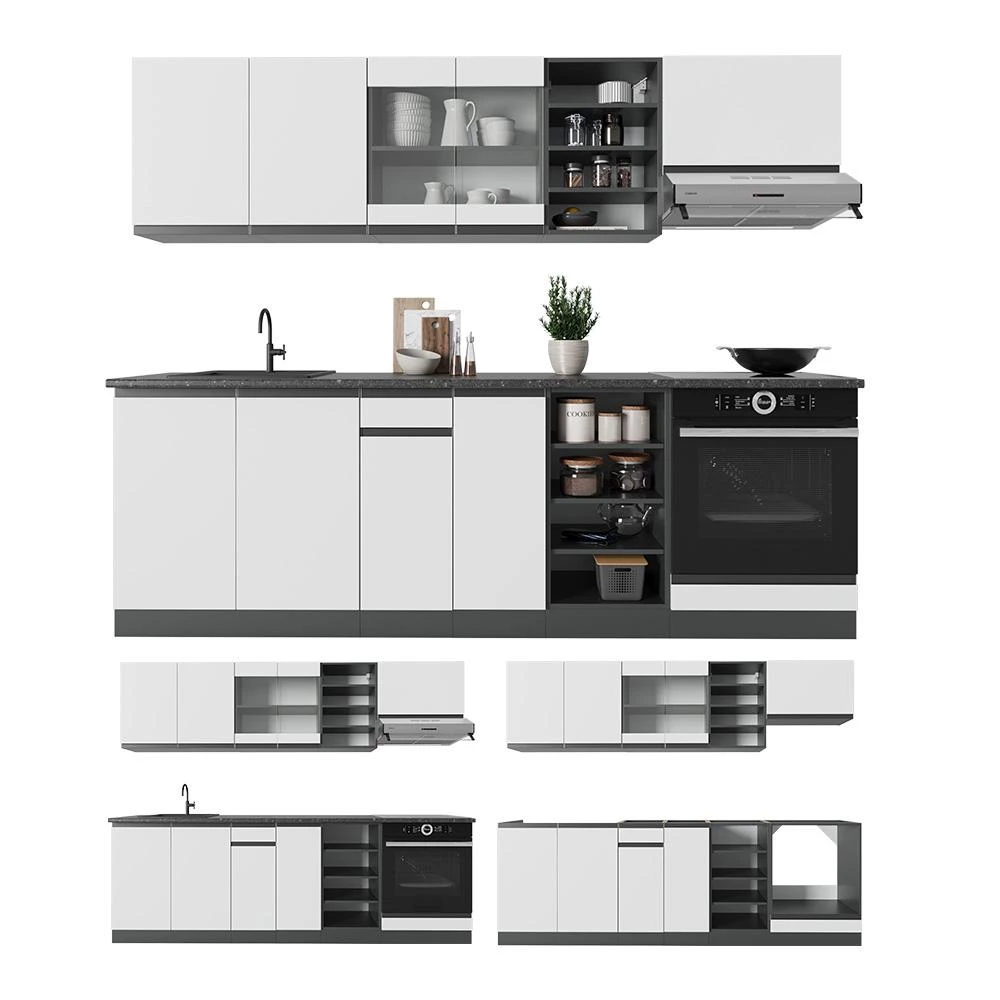 Complete keukeneenheid R-Line Wit/antraciet 240 cm  J-Shape, WB Eik Vicco