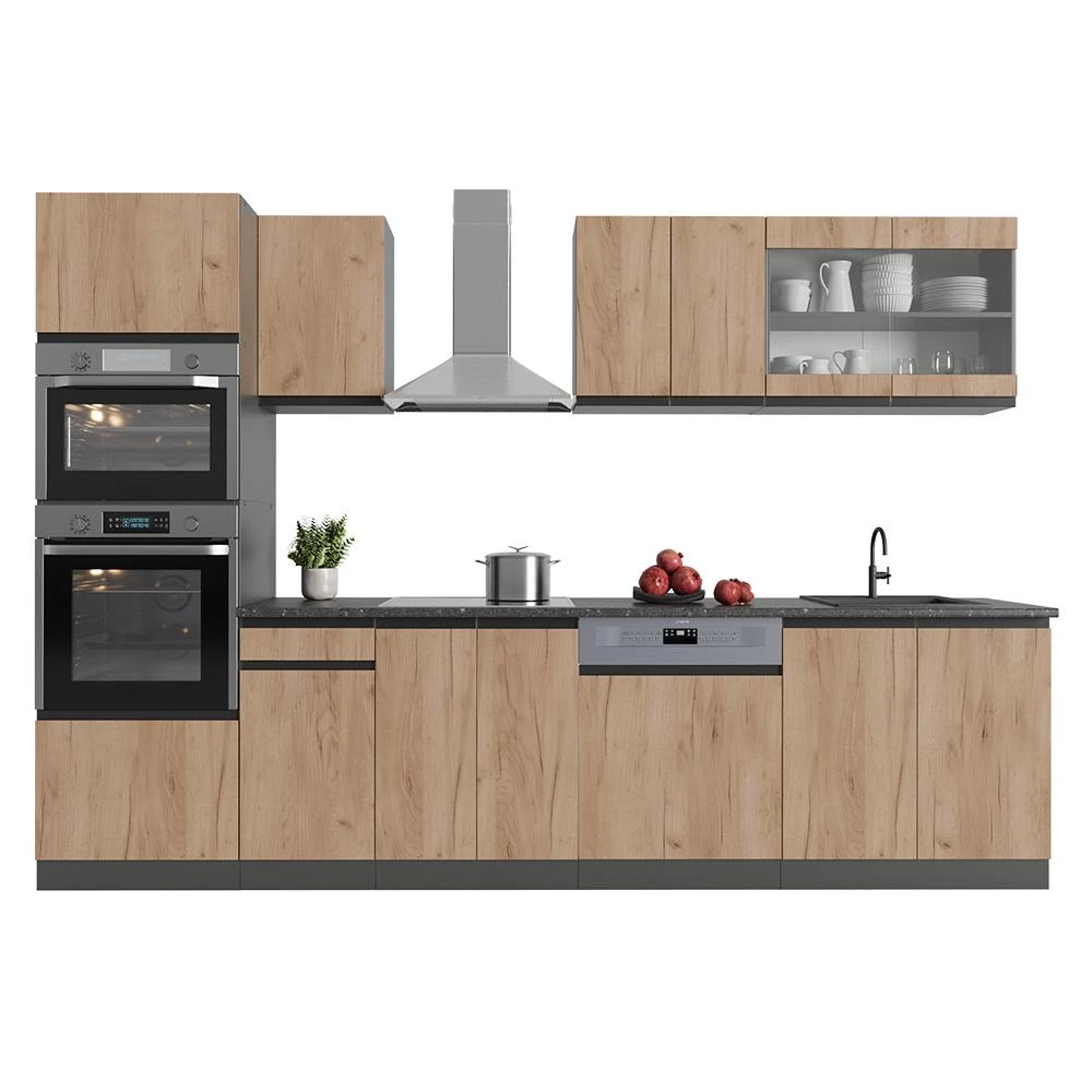 Complete keukeneenheid R-Line Eik goud/antraciet 300 cm  J-Shape met hoge kast, WB Eik Vicco