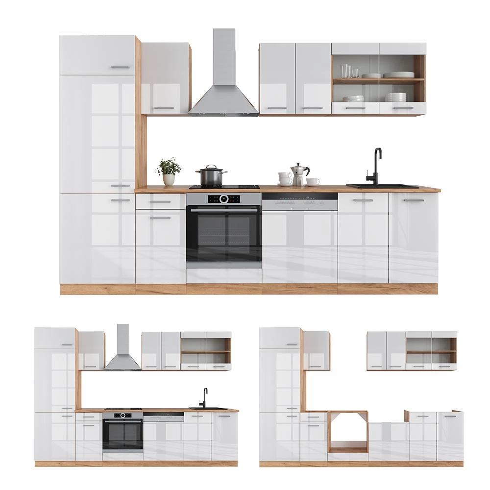 Complete keukeneenheid R-Line Wit hoogglans/goud power eiken 300 cm , WB Eik Vicco