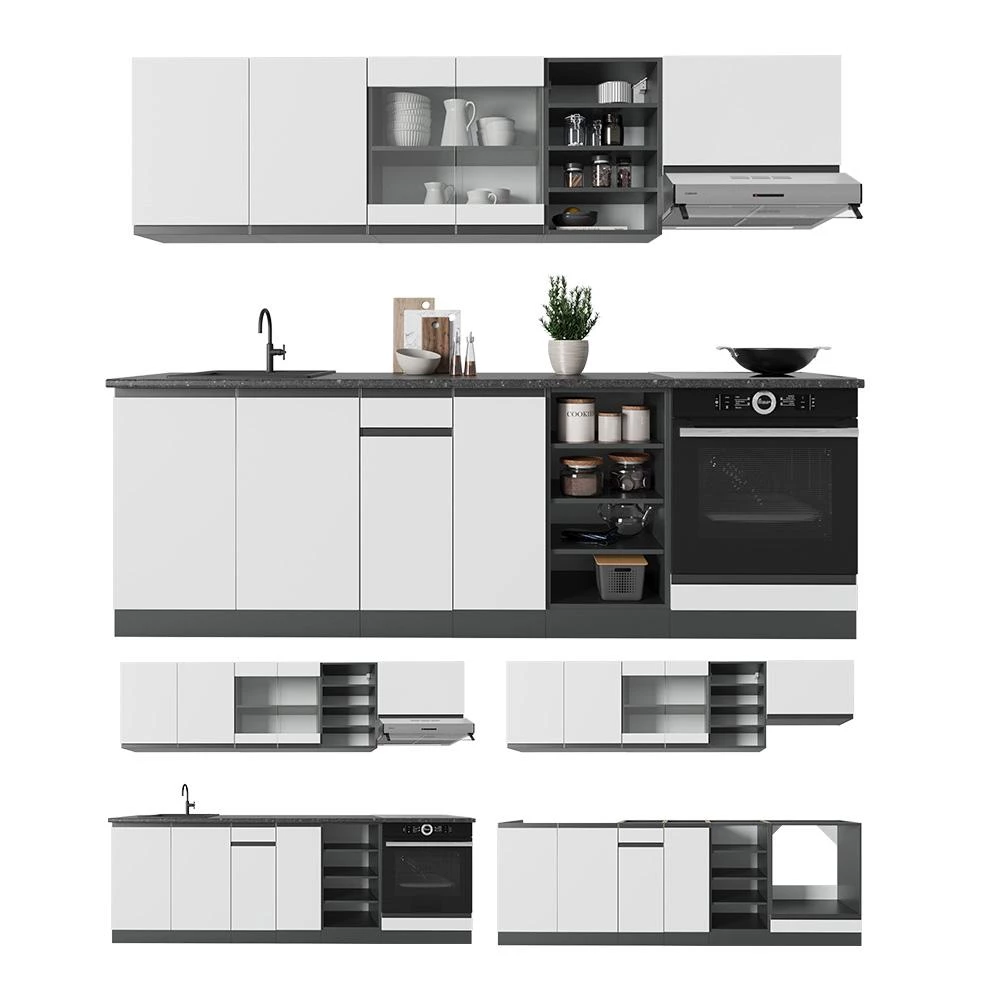 Complete keukeneenheid R-Line Wit/antraciet 240 cm  J-Shape, WB Antraciet Vicco