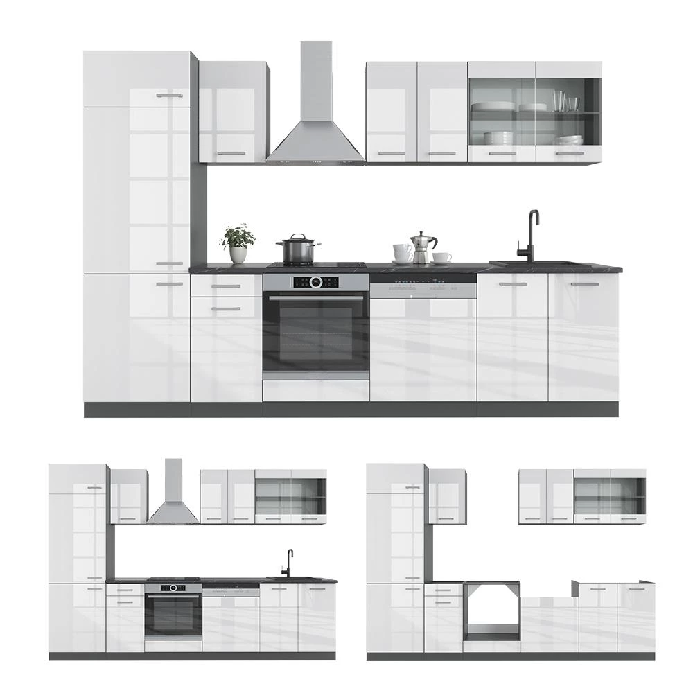 Complete keukeneenheid R-Line Wit hoogglans/antraciet 300 cm , WB Eik Vicco