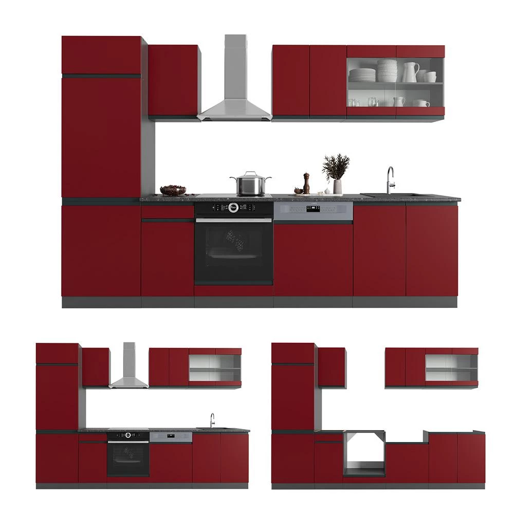 Complete keukeneenheid R-Line Rood/antraciet 300 cm  J-Shape, WB Eik Vicco