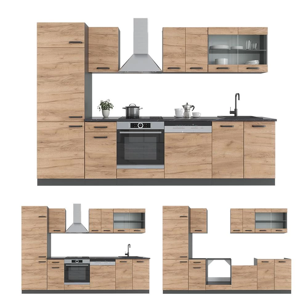 Complete keukeneenheid R-Line Eik goud/antraciet 300 cm , WB Antraciet Vicco