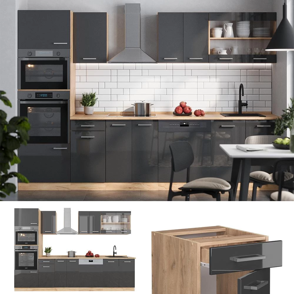 Complete keukeneenheid R-Line Antraciet hoogglans/goud eiken 300 cm met hoge kast, WB Antraciet Vicco