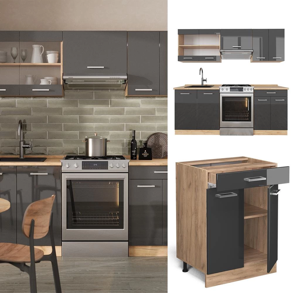 Complete keukeneenheid R-Line Antraciet hoogglans/goud eiken 200 cm , WB Marmer Vicco