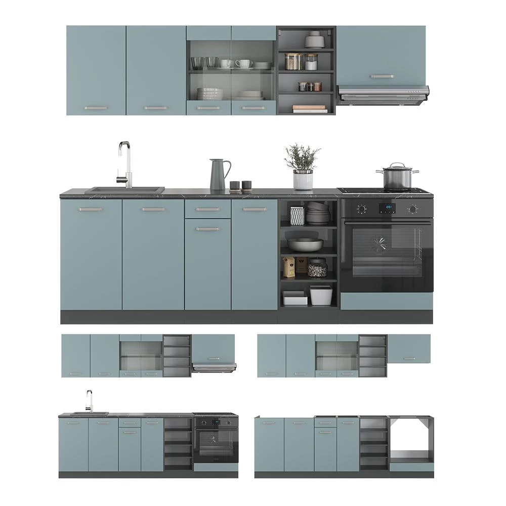 Complete keukeneenheid R-Line Blauw-grijs/antraciet 240 cm , WB Antraciet Vicco