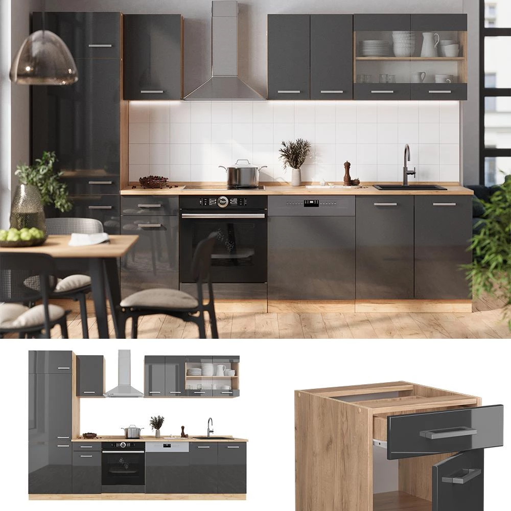 Complete keukeneenheid R-Line Antraciet hoogglans/goud eiken 300 cm , WB Antraciet Vicco