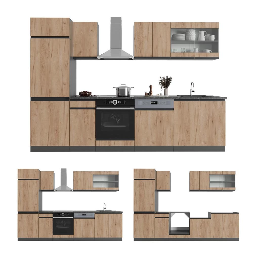 Complete keukeneenheid R-Line Eik goud/antraciet 300 cm  J-Shape, WB Marmer Vicco
