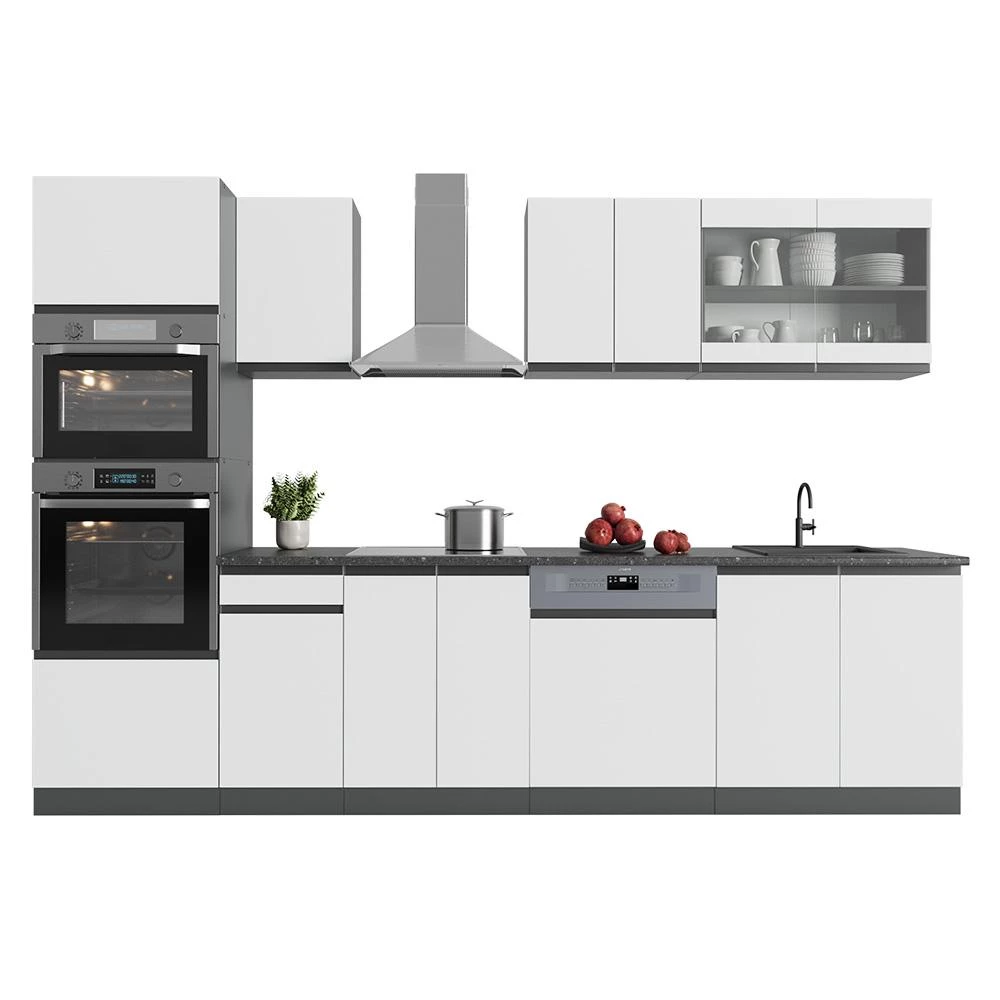 Complete keukeneenheid R-Line Wit/antraciet 300 cm  J-Shape met hoge kast, WB Eik Vicco