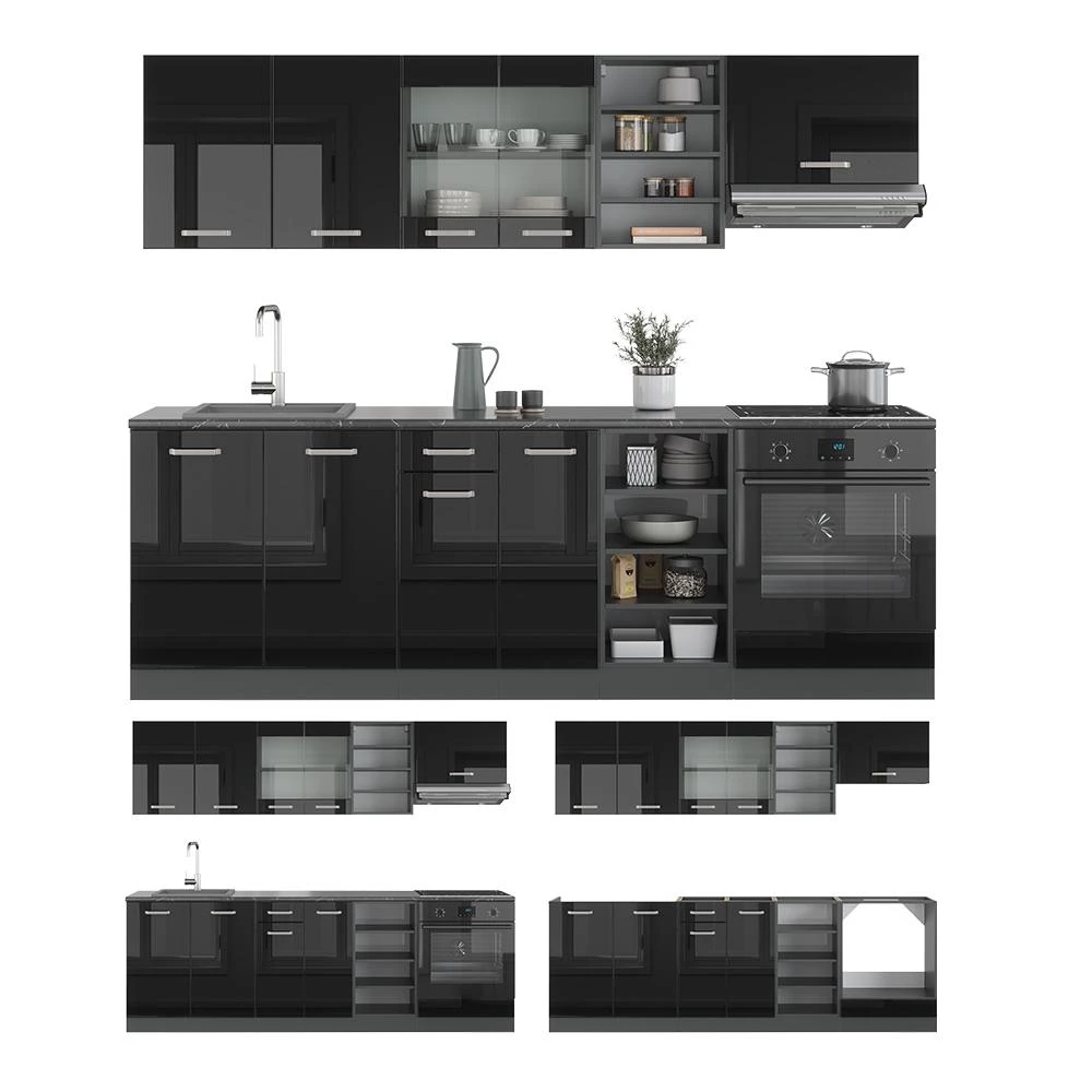 Complete keukeneenheid R-Line Hoogglans zwart/antraciet 240 cm , WB Marmer Vicco