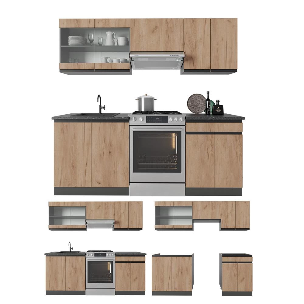 Complete keukeneenheid R-Line Eik goud/antraciet 200 cm  J-Shape, WB Antraciet Vicco