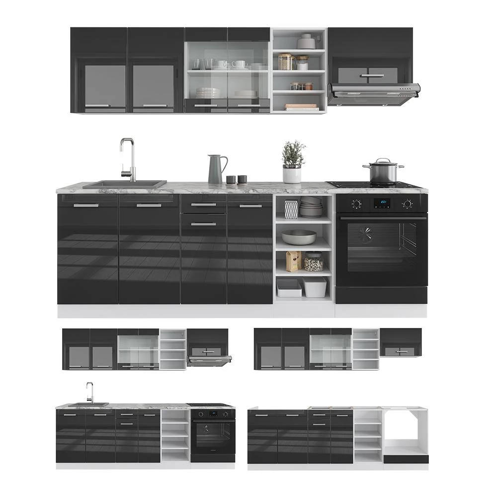 Complete keukeneenheid R-Line Antraciet hoogglans/wit 240 cm , WB Eik Vicco