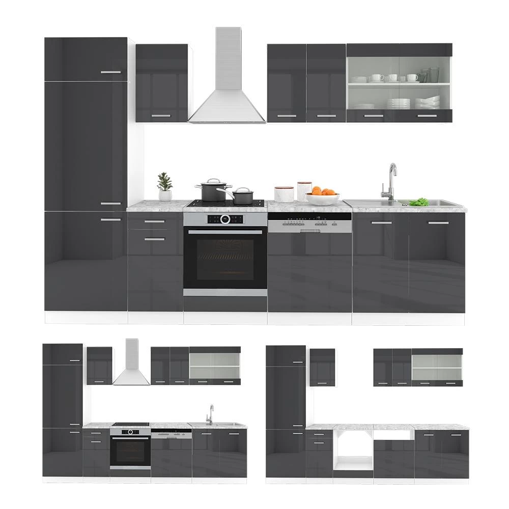 Complete keukeneenheid R-Line Antraciet hoogglans/wit 300 cm , WB Eik Vicco