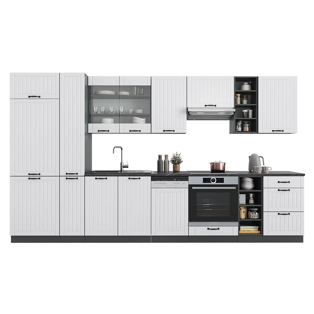 Complete keukeneenheid Fame-Line Landhuis wit/antraciet 355 cm met hoge kast, zonder werkblad Vicco