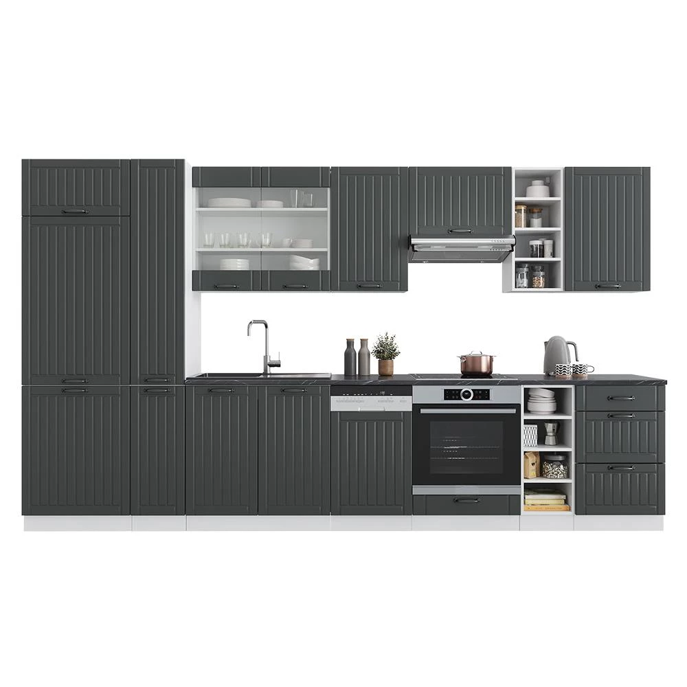 Complete keukeneenheid Fame-Line Antraciet landhuis/wit 355 cm met hoge kast, zonder werkblad Vicco