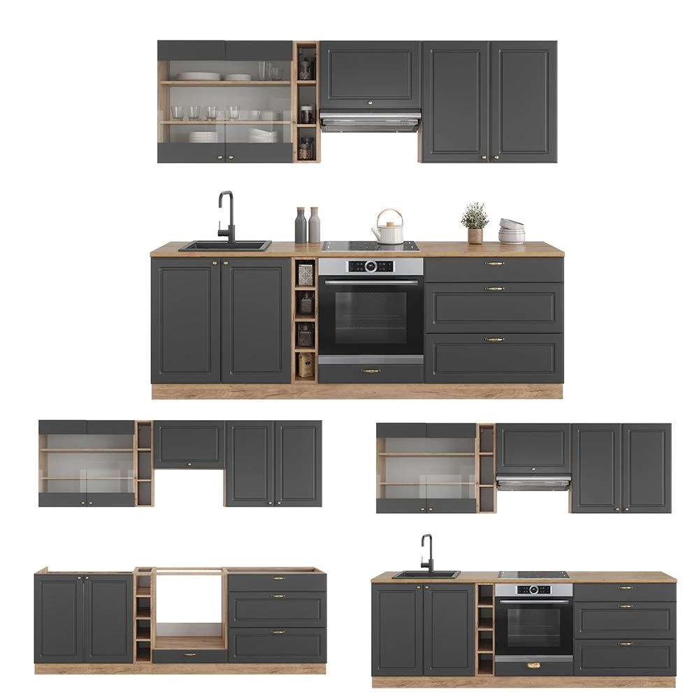 Complete keukeneenheid Fame-Line Antraciet Landhuis/Goud Kraft Eik 235 cm zonder werkblad Vicco