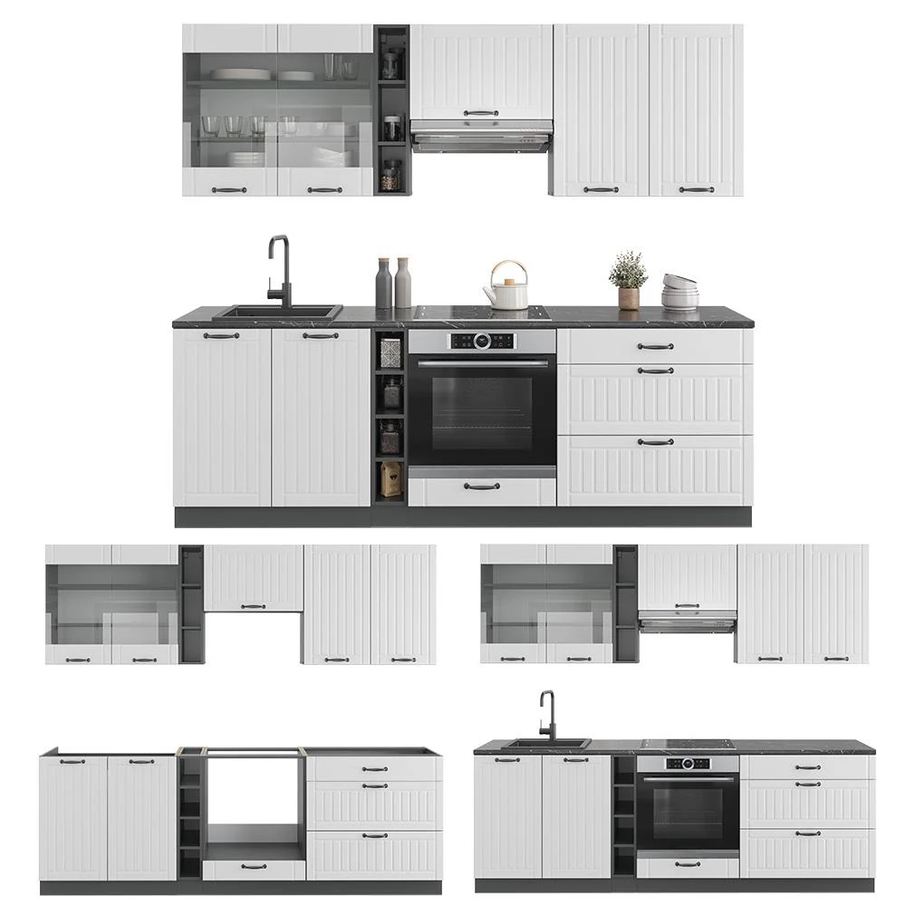 Küchenzeile Fame-Line Weiß Landhaus/Anthrazit 235 cm ohne Arbeitsplatte Vicco