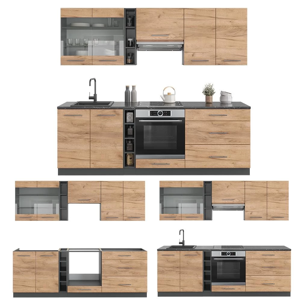 Cucina componibile Fame-Line Rovere dorato/antracite 235 cm senza piano di lavoro Vicco