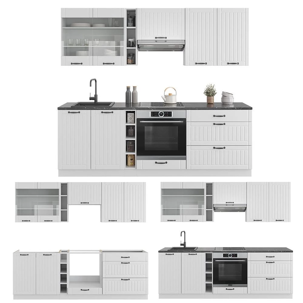 Küchenzeile Fame-Line Weiß Landhaus/Weiß 235 cm ohne Arbeitsplatte Vicco