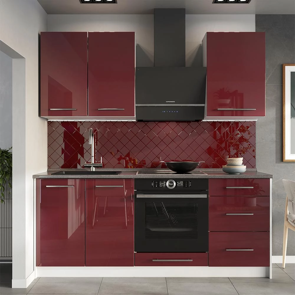 Cucina monoblocco Fame-Line Bordeaux lucido/Bianco 190 cm piano di lavoro Marmo Vicco