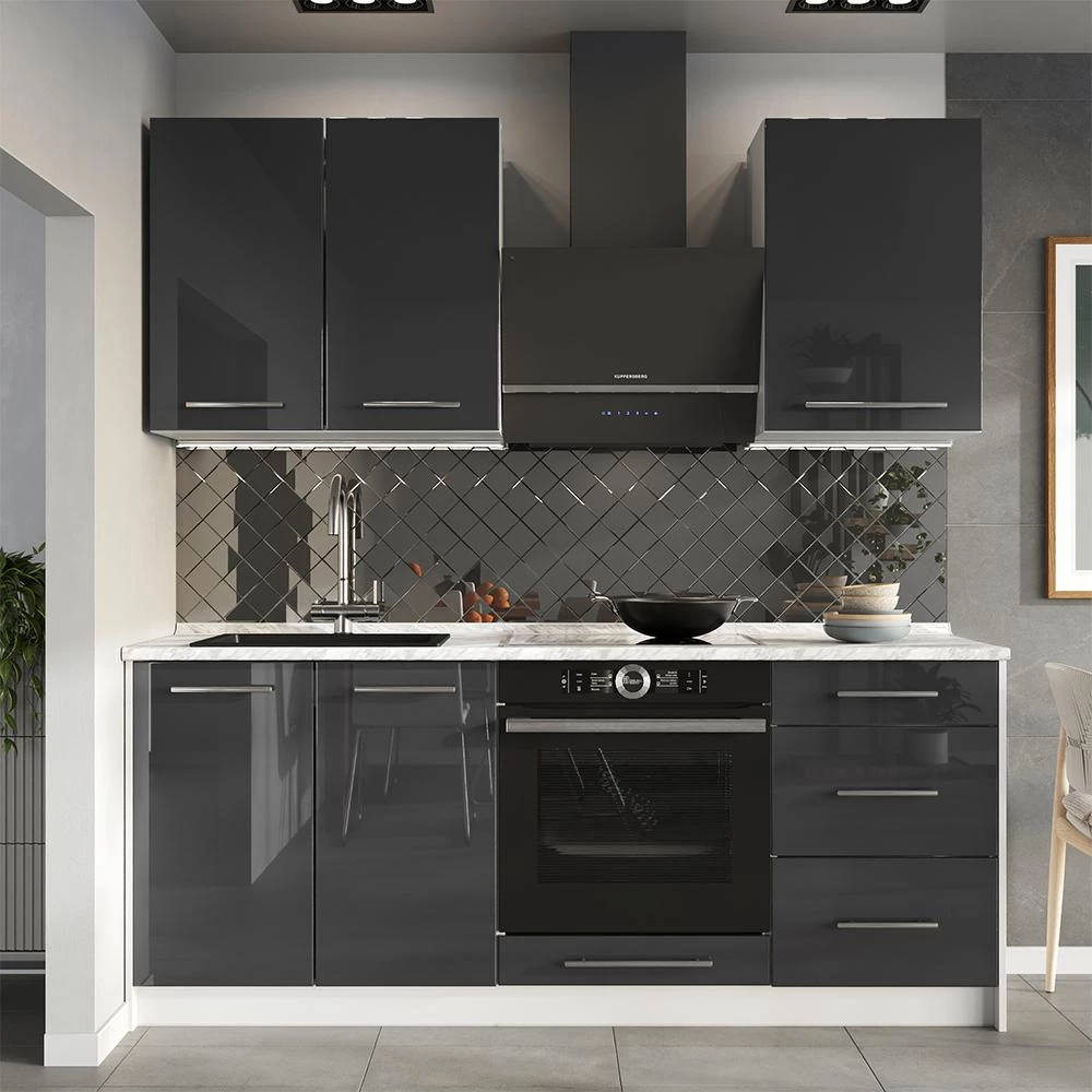 Cucina monoblocco Fame-Line Antracite lucido/Bianco 190 cm piano di lavoro Marmo Vicco