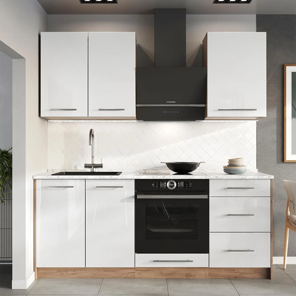 Cucina monoblocco Fame-Line Bianco lucido/Rovere dorato 190 cm piano di lavoro Antracite Vicco