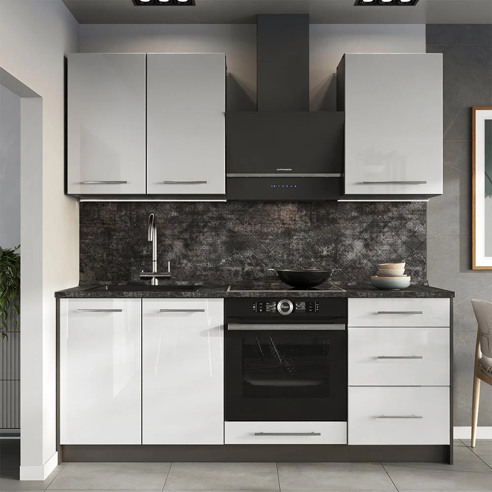 Cucina monoblocco Fame-Line Bianco lucido/Antracite 190 cm piano di lavoro Rovere dorato Vicco