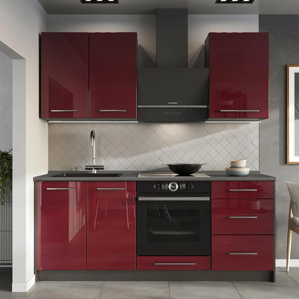 Cucina monoblocco Fame-Line Bordeaux lucido/Antracite 190 cm piano di lavoro Antracite Vicco