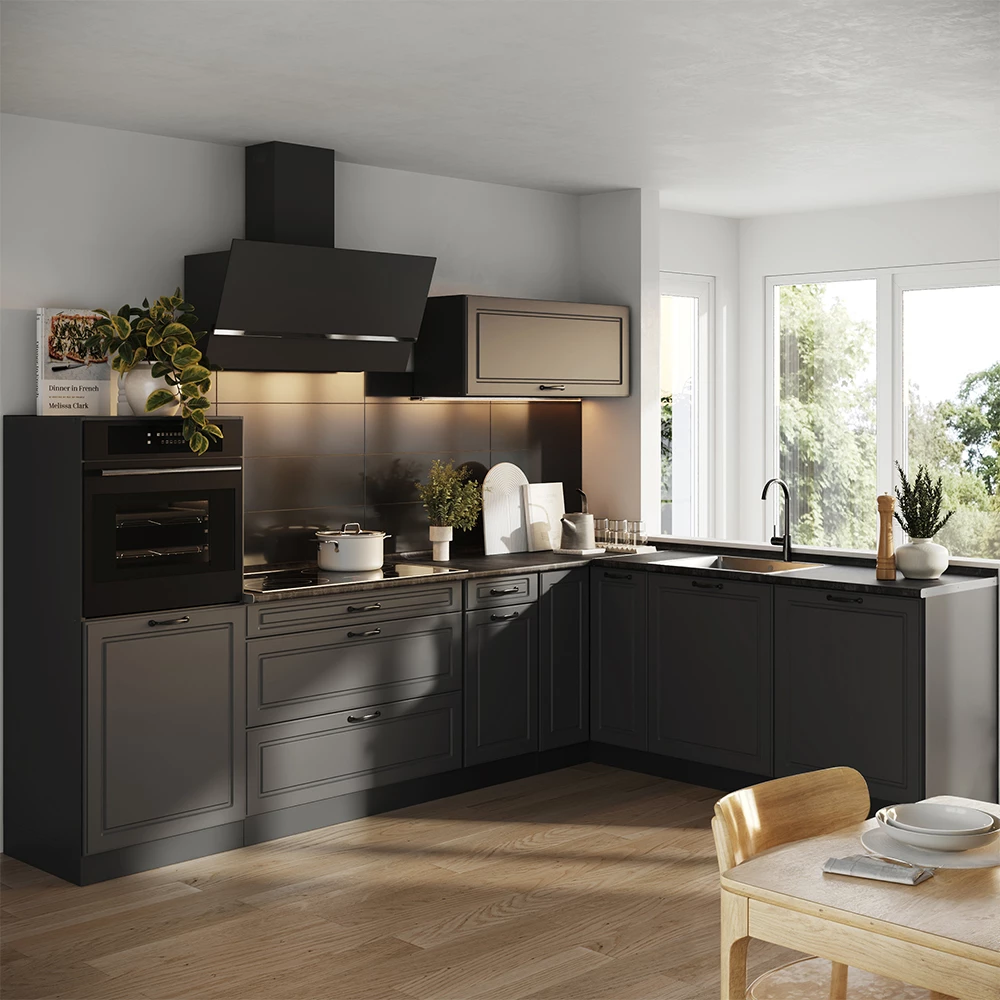 Cucina angolare completa R-Line Antracite country/Antracite 287 x cm piano di lavoro Marmo Vicco
