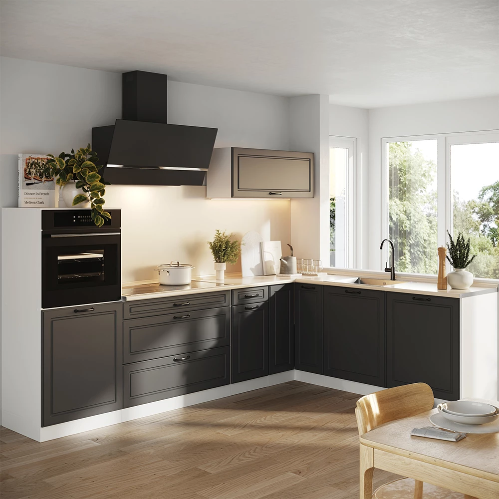 Cucina angolare completa R-Line Antracite country/Bianco 287 x cm piano di lavoro Antracite Vicco