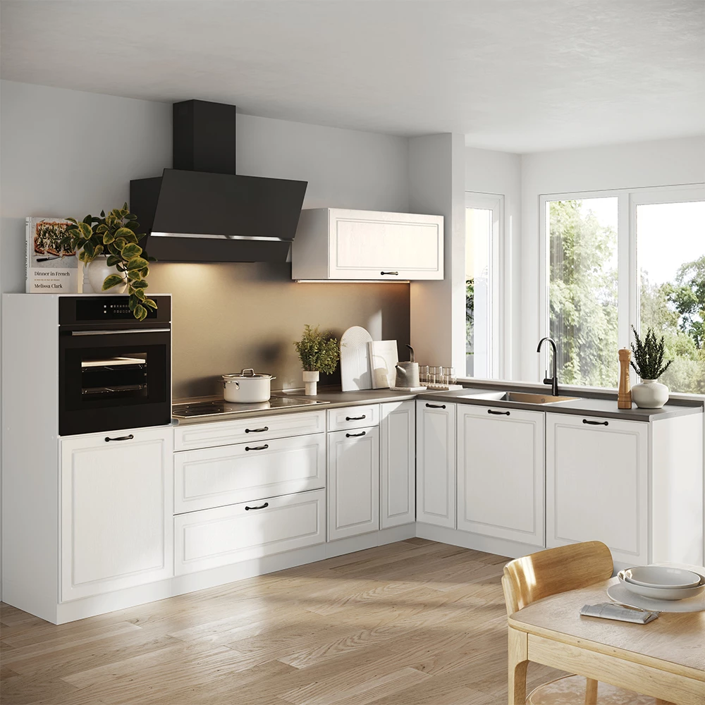 Cucina angolare completa R-Line Bianco country/Bianco 287 x cm senza piano di lavoro Vicco