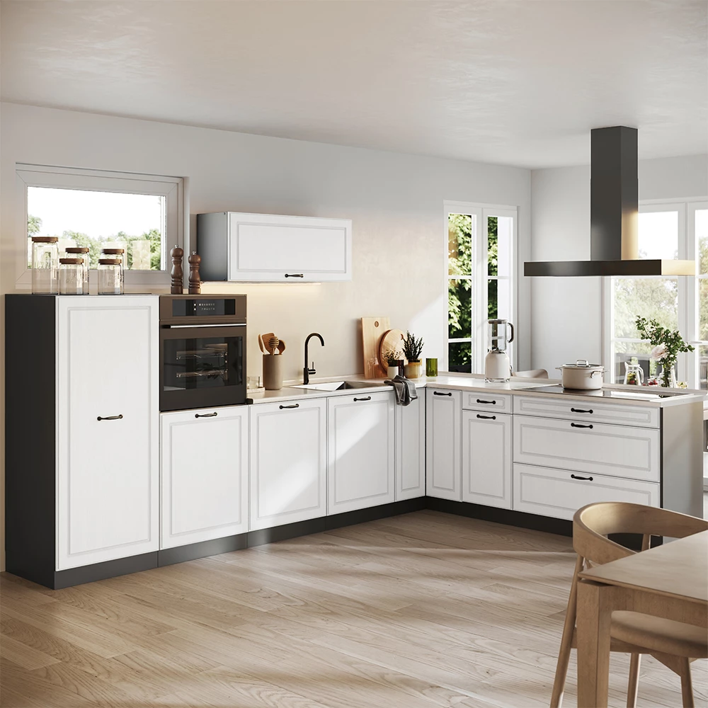 Cucina angolare completa R-Line Bianco country/Antracite 327 x cm senza piano di lavoro Vicco