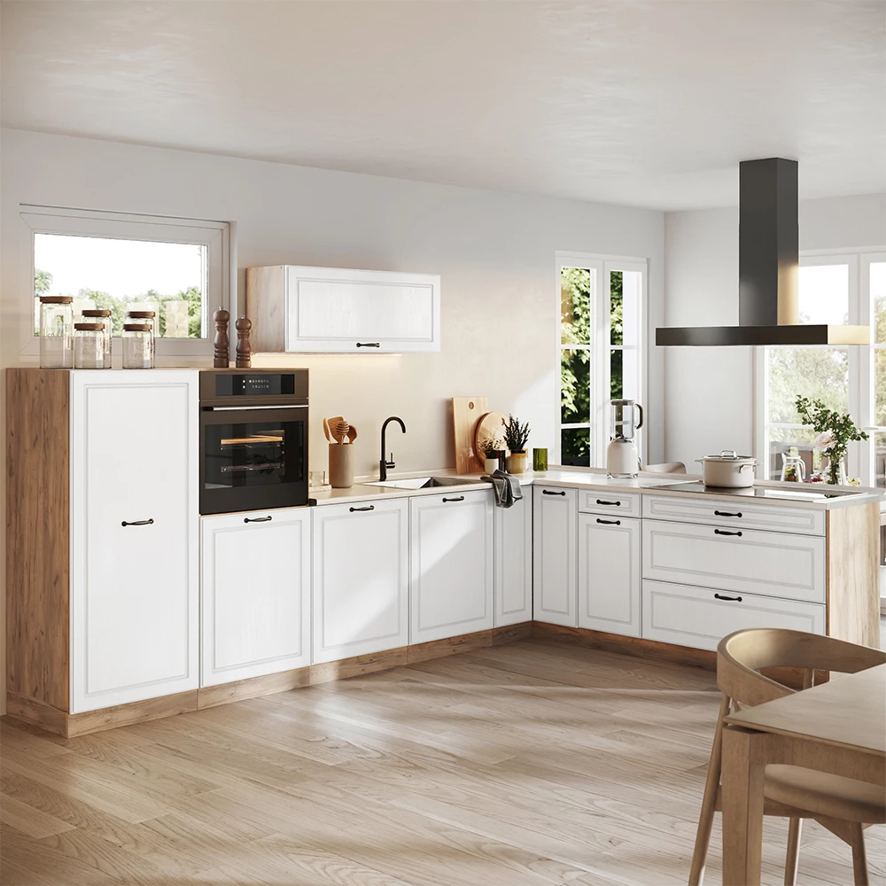 Cuisine en angle R-Line Blanc campagne/Chêne doré 327 x cm sans plan de travail Vicco