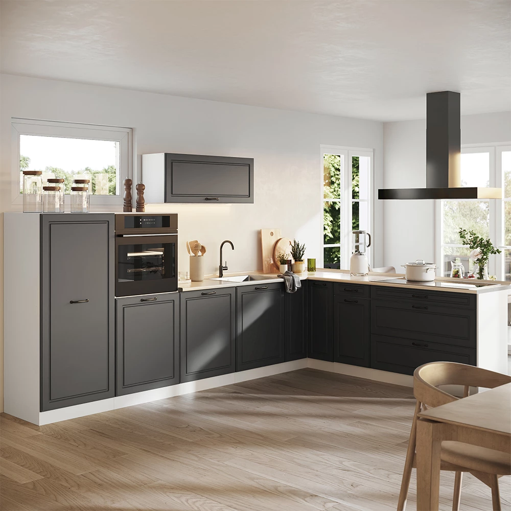 Cuisine en angle R-Line Anthracite campagne/Blanc 327 x cm sans plan de travail Vicco