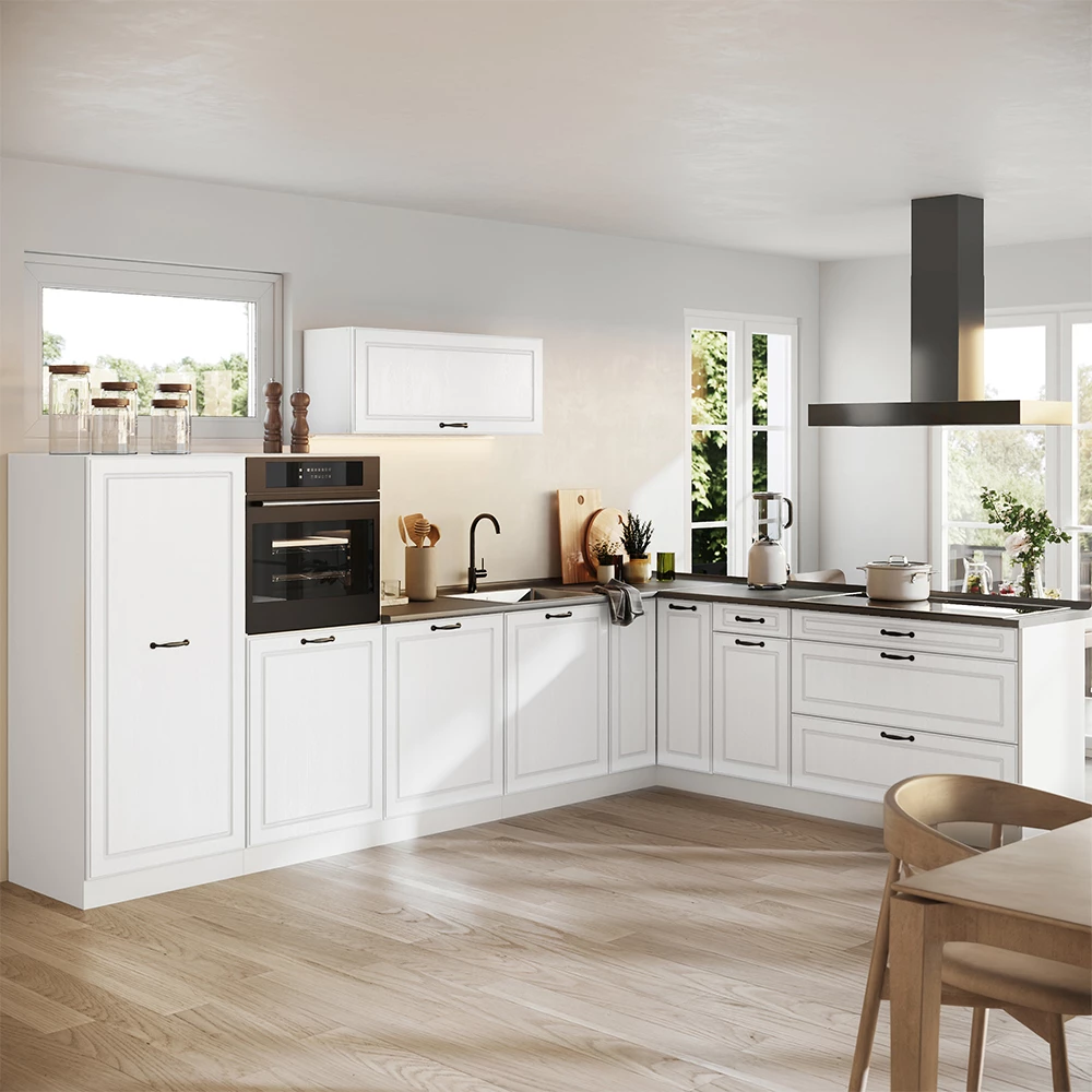 Cucina angolare completa R-Line Bianco country/Bianco 327 x cm piano di lavoro Rovere dorato Vicco