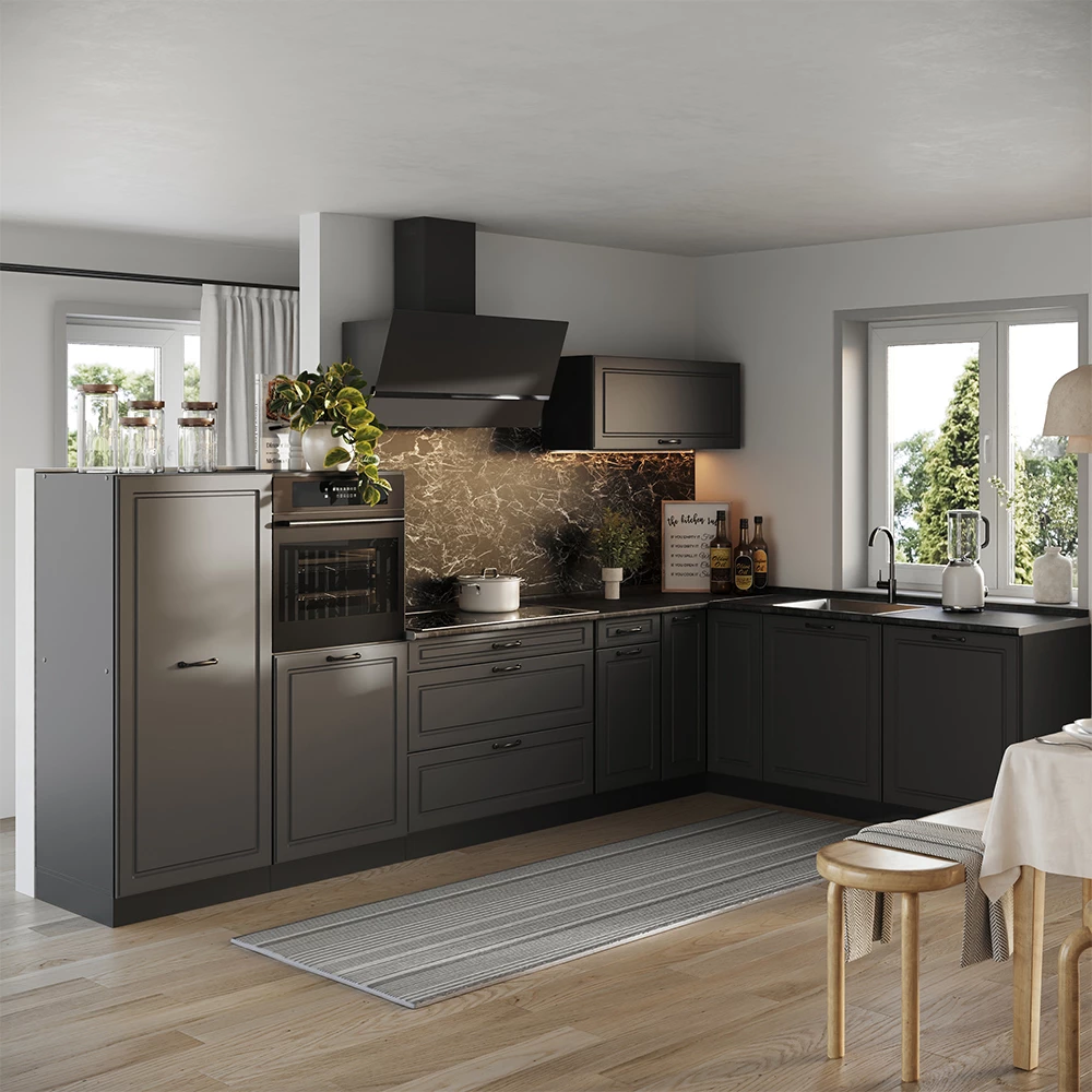 Cucina angolare completa R-Line Antracite country/Antracite 347 x cm senza piano di lavoro Vicco