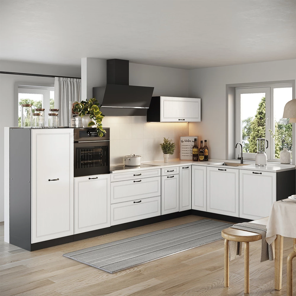 Cucina angolare completa R-Line Bianco country/Antracite 347 x cm piano di lavoro Marmo Vicco