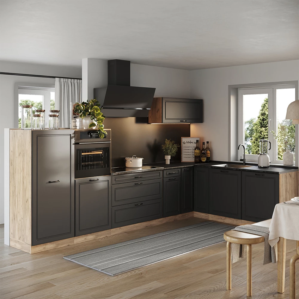 Cucina angolare completa R-Line Antracite country/Rovere dorato 347 x cm piano di lavoro Rovere dorato Vicco