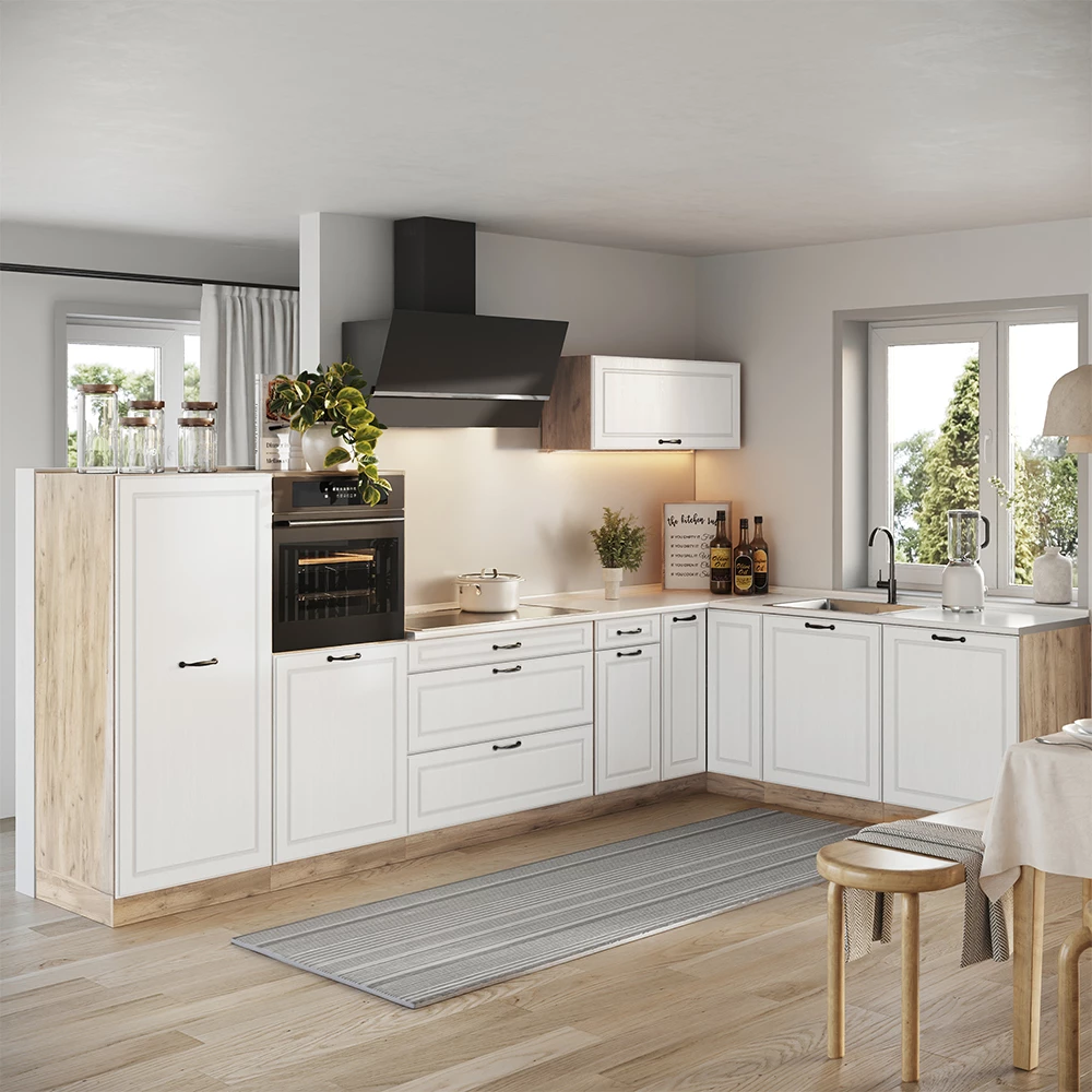 Cucina angolare completa R-Line Bianco country/Rovere dorato 347 x cm piano di lavoro Antracite Vicco