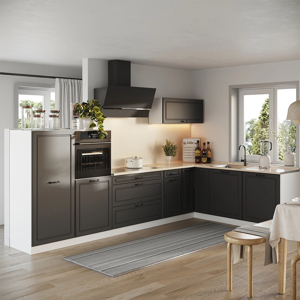 Cucina angolare completa R-Line Antracite country/Bianco 347 x cm piano di lavoro Rovere dorato Vicco