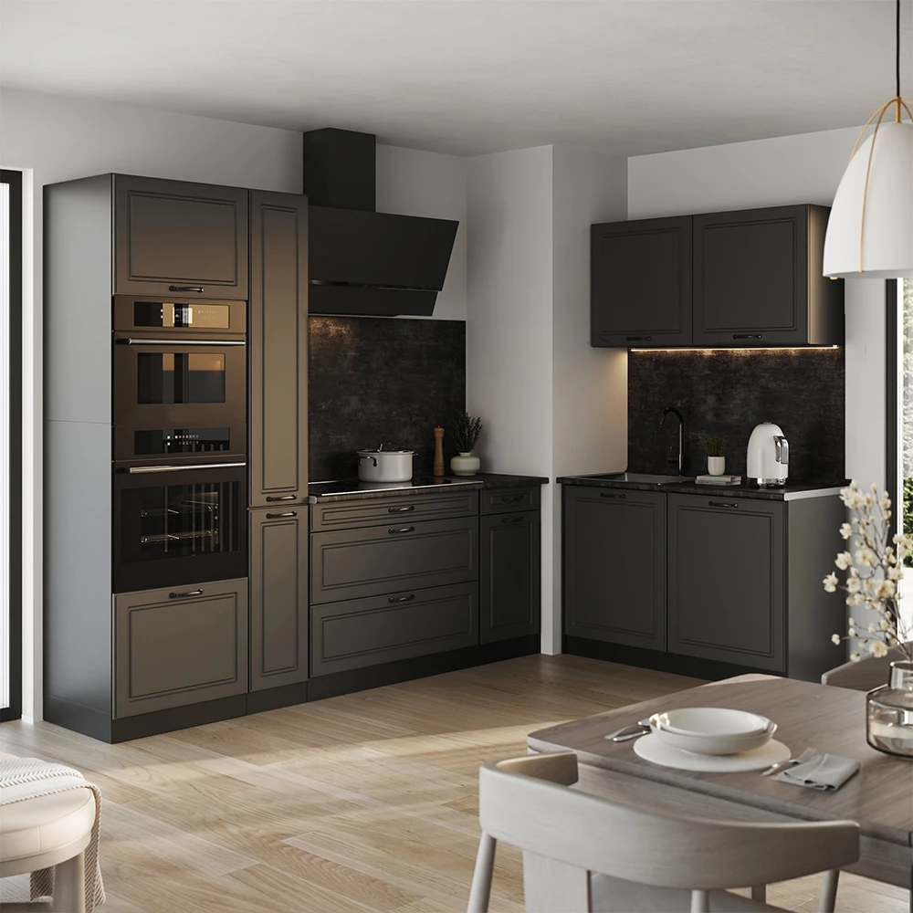 Cucina angolare completa R-Line Antracite country/Antracite 230 x 120 cm piano di lavoro Antracite Vicco