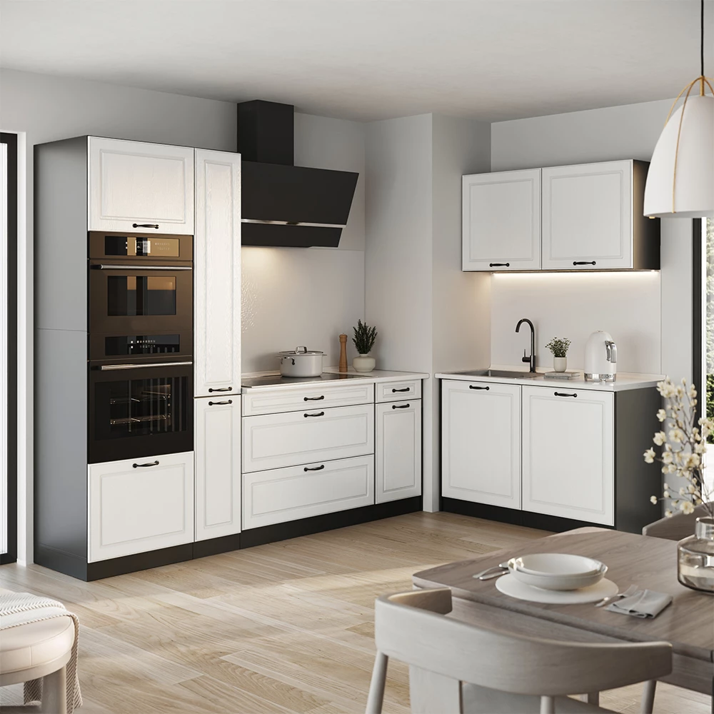 Cucina angolare completa R-Line Bianco country/Antracite 230 x 120 cm piano di lavoro Marmo Vicco