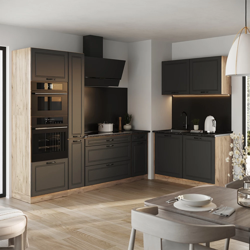 Cucina angolare completa R-Line Antracite country/Rovere dorato 230 x 120 cm piano di lavoro Antracite Vicco